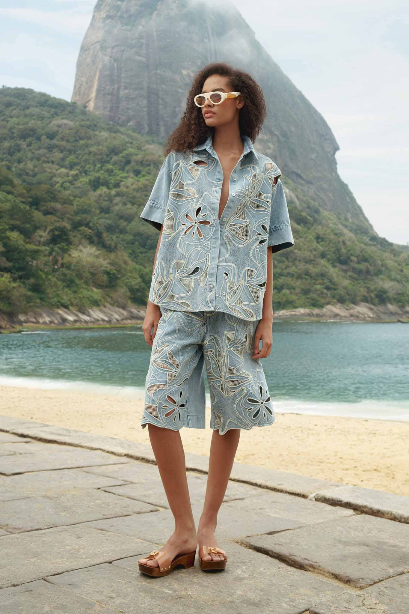 Denim Sea Desire Embroidered Bermuda Shorts | FARM Rio | FarmRio (US)