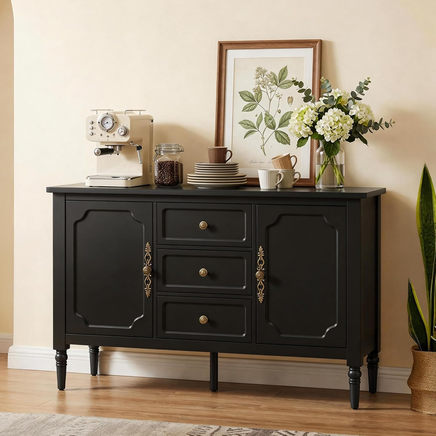 RoyalCraft Buffet Cabinet with 2 Doors & 3 Drawers, Vintage Sideboard with Storage, Painted Coffee Bar Table with Solid Wood Legs, Ideal for Kitchen, Living Room, Dining Room, Black | Amazon (US)