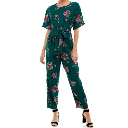 Women's Floral Jumpsuit, Short Sleeve, Green with Purple Roses, Belted Waist (Teal/Berry, Medium) | Amazon (US)