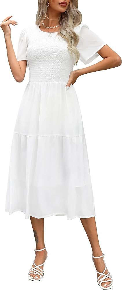 Ellakoko Womens Casual Summer Short Sleeve Dress Smocked Floral Modest A Line Solid Boho Tiered M... | Amazon (US)