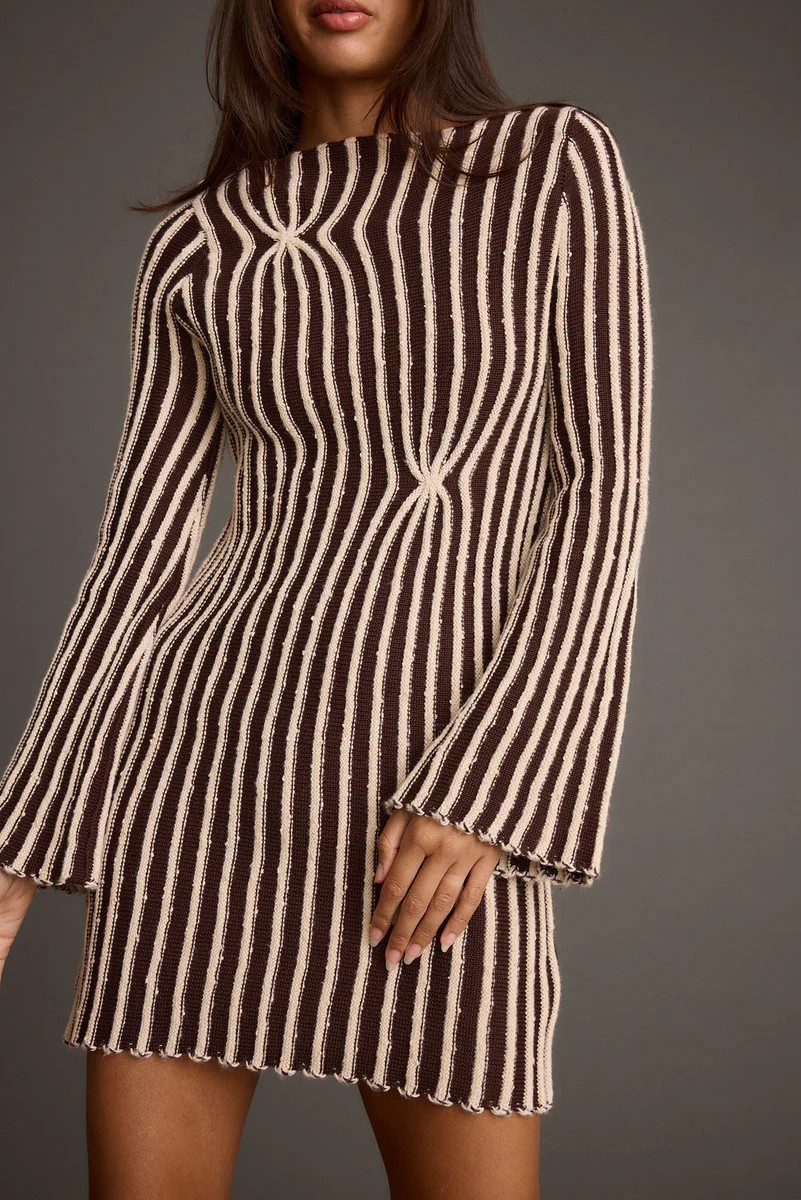 Ember Brown and Cream Knit Striped Mini Dress | 12th Tribe