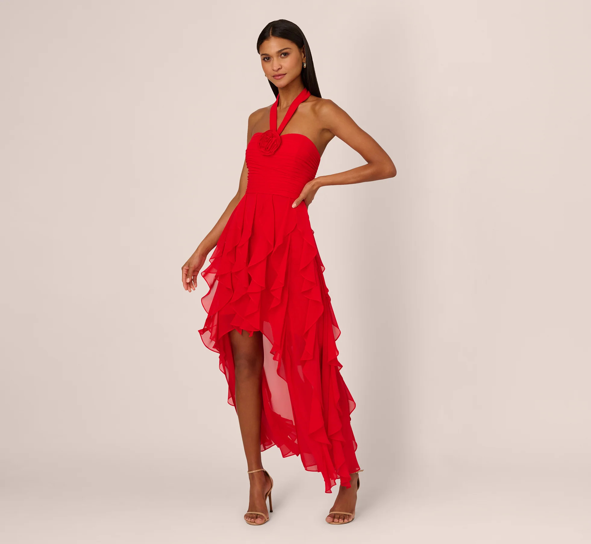 High Low Halter Dress With 3D Floral Accent In Red Desire | Adrianna Papell