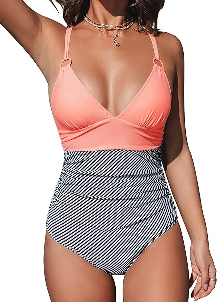 CUPSHE Women's Floral O-Ring Criss Cross One Piece Swimsuit V Neck Padded Bathing Suit | Amazon (US)