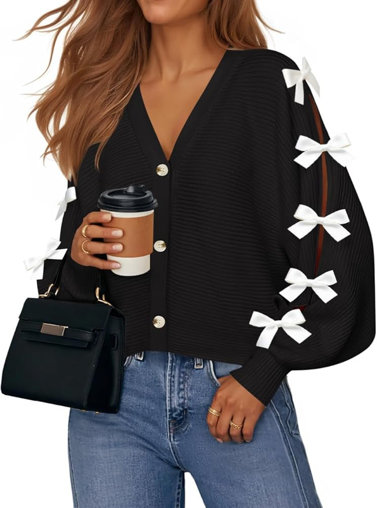 ZESICA Fall Bow Cardigans for Women Trendy 2026 Casual Long Sleeve Button V Neck Knit Sweater Out... | Amazon (US)