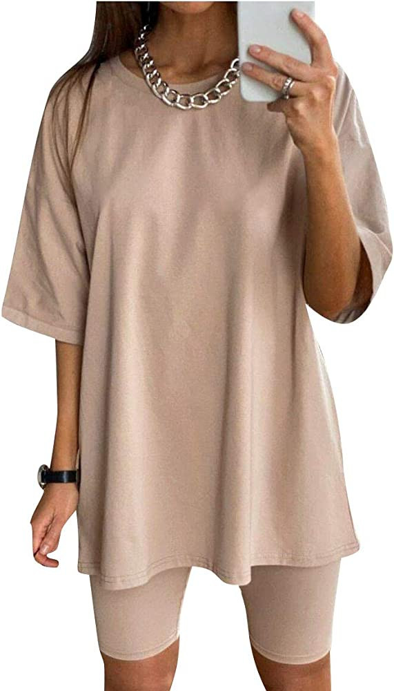 Glamaker Women 2 Piece Outfit sets Casual Oversized T-Shirt Tops Biker Shorts Workout Sports Trac... | Amazon (US)