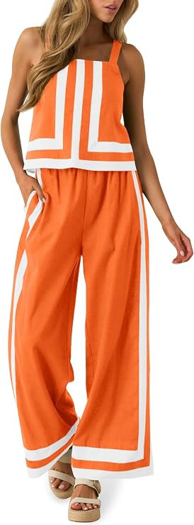 Tankaneo Womens 2 Piece Lounge Set Summer Casual Color Block Cami Top Wide Leg Pants Set Beach Va... | Amazon (US)
