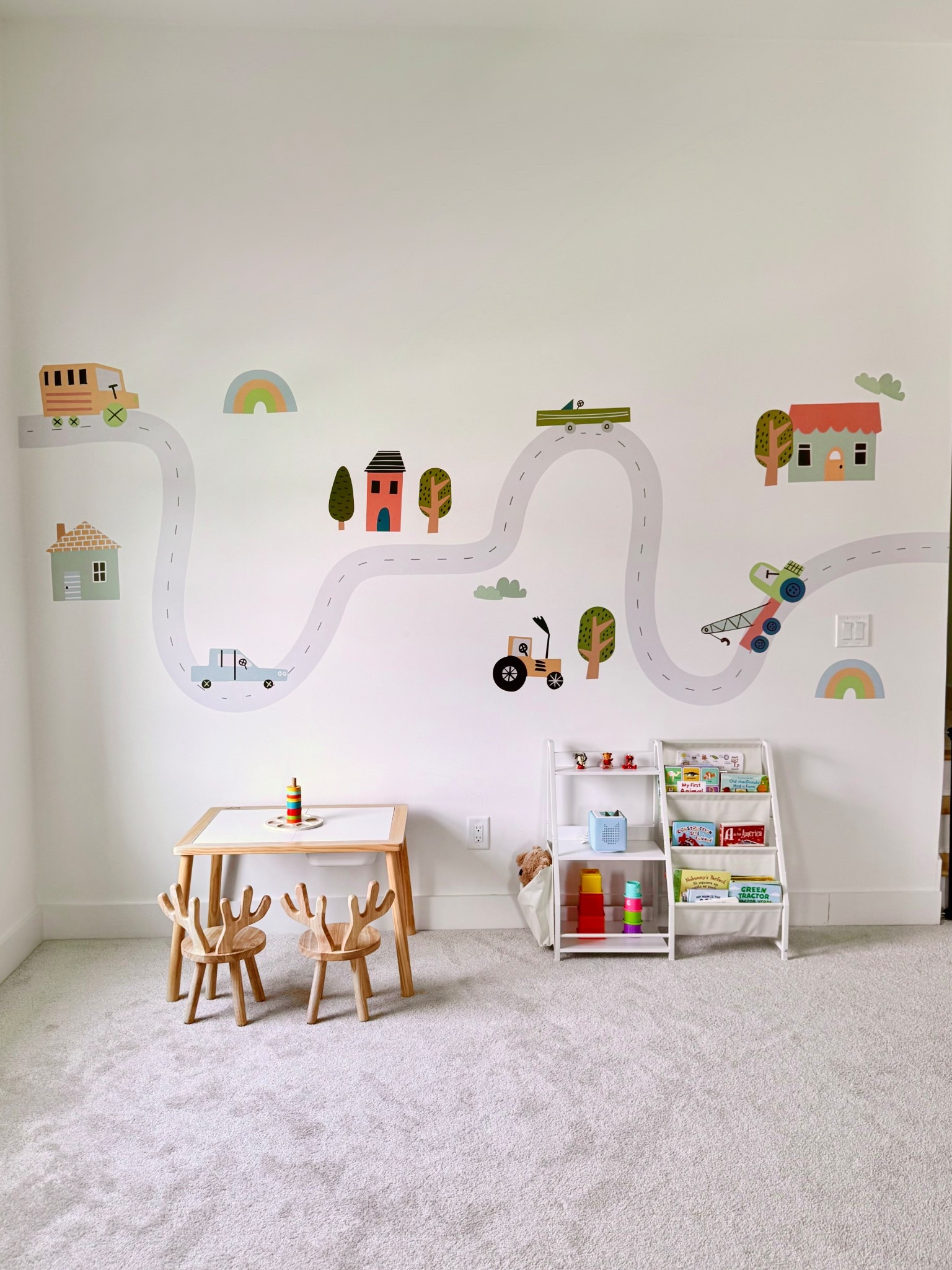 Boys Playroom Decor Farm + Road Wallpaper Decals, Bonus Room Bookshelf, Kids Sensory Table, Deer Kids Wooden Antler Chairs, First Birthday Montessori Educational Toy Ideas, Playroom Furniture 

#LTKHome #LTKBaby #LTKKids