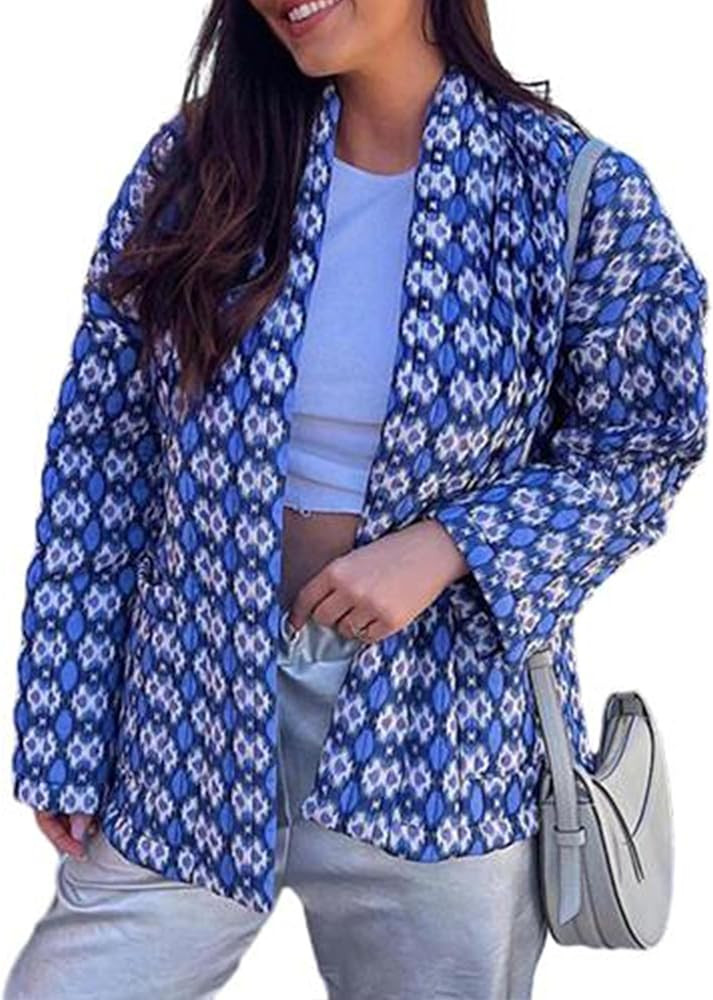 YKR Womens Cropped Quilted Puffer Jacket Floral Gingham Printed Padded Coat Button Down Lightweig... | Amazon (US)