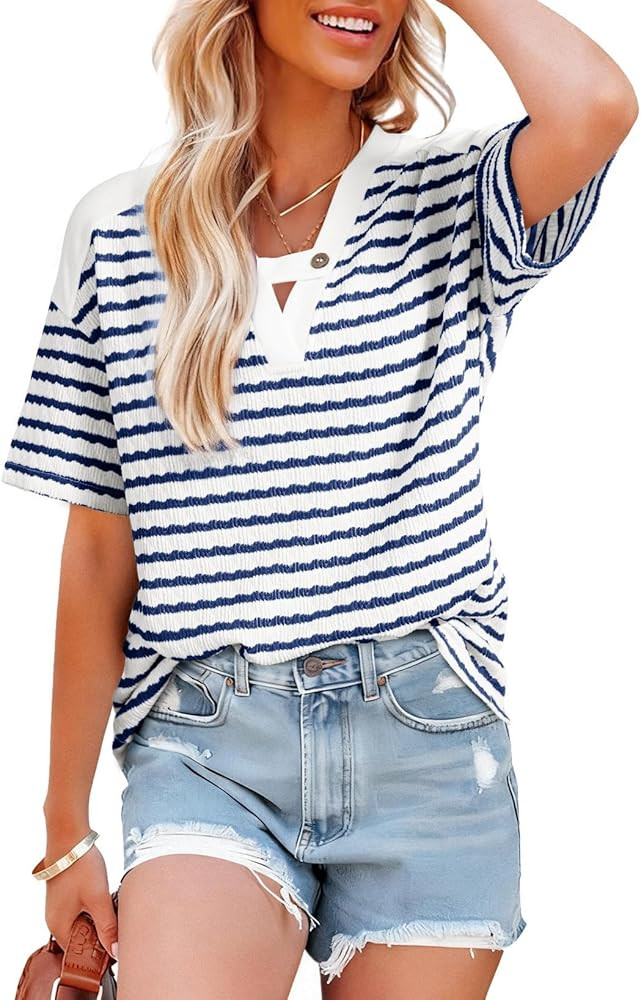 Dokotoo Women's Tops Summer Casual Short Sleeve Shirts V Neck Striped Color Block T-Shirts Blouse... | Amazon (US)