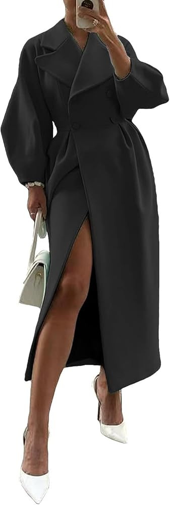 XSTH 2025 Women Wool Coat Double Breasted Lapel Pea Coats Ankle Length Solid Color Overcoat Lante... | Amazon (US)