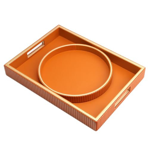 SANZIE Leather Tray Desktop Storage Organizer, Decorative Tray Set, Orange | Amazon (US)