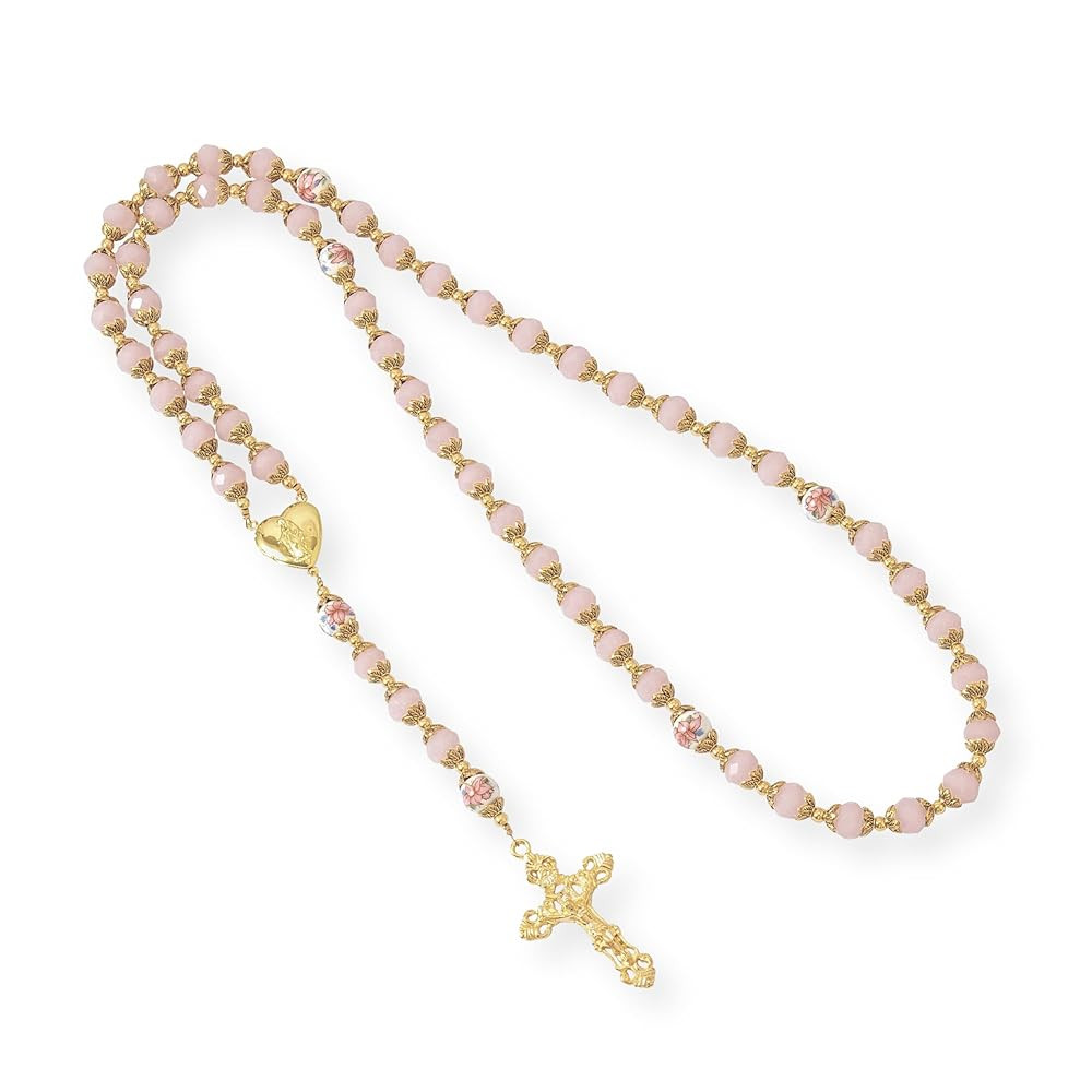 Nazareth Store Catholic Blue Crystal Beads Gold Rosary Flowers Beaded Necklace Miraculous Heart L... | Amazon (US)
