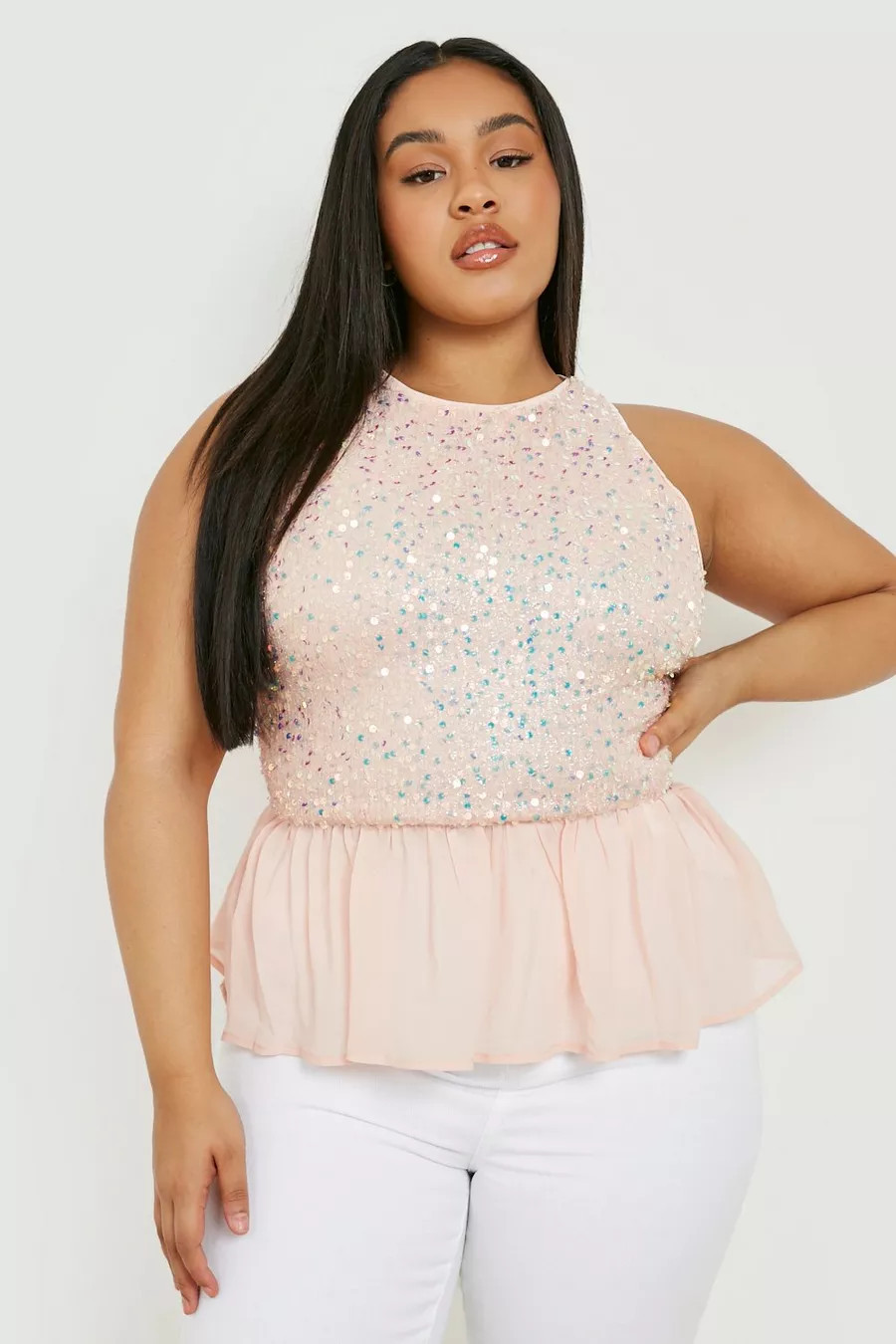Plus Sequin Contrast Occasion Peplum Top | Boohoo.com (US & CA)