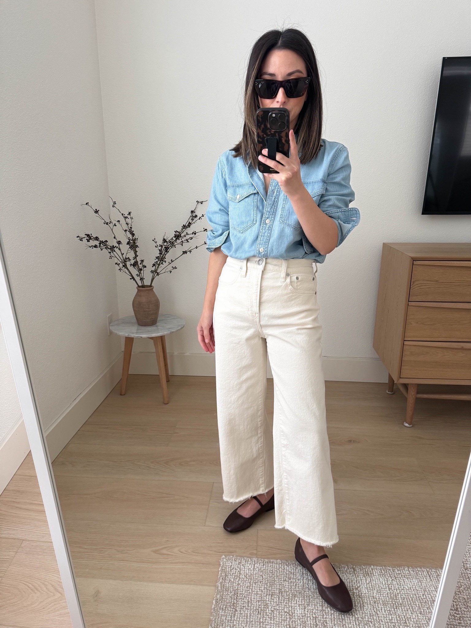 Madewell perfect vintage wide leg crop jeans. first time trying these and love them! The cream is so pretty, not see through. I sized up. Went with regular inseam and cut the hems. The rise on the petite is too short. very comfy! 

Madewell chambray xs
Madewell wide leg crop 25. Cut hems. 
Madewell flats 5 

Jeans, spring outfits, petite style 

#LTKShoeCrush #LTKSeasonal #LTKSaleAlert