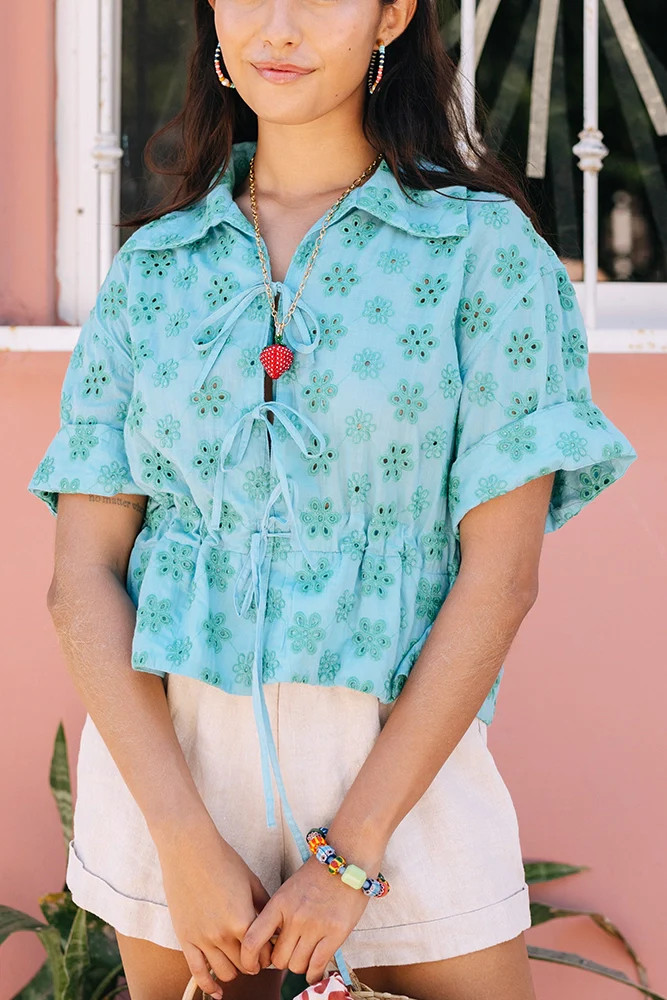 Tie Cinch Blouse, Blue Eyelet | Noonday Collection