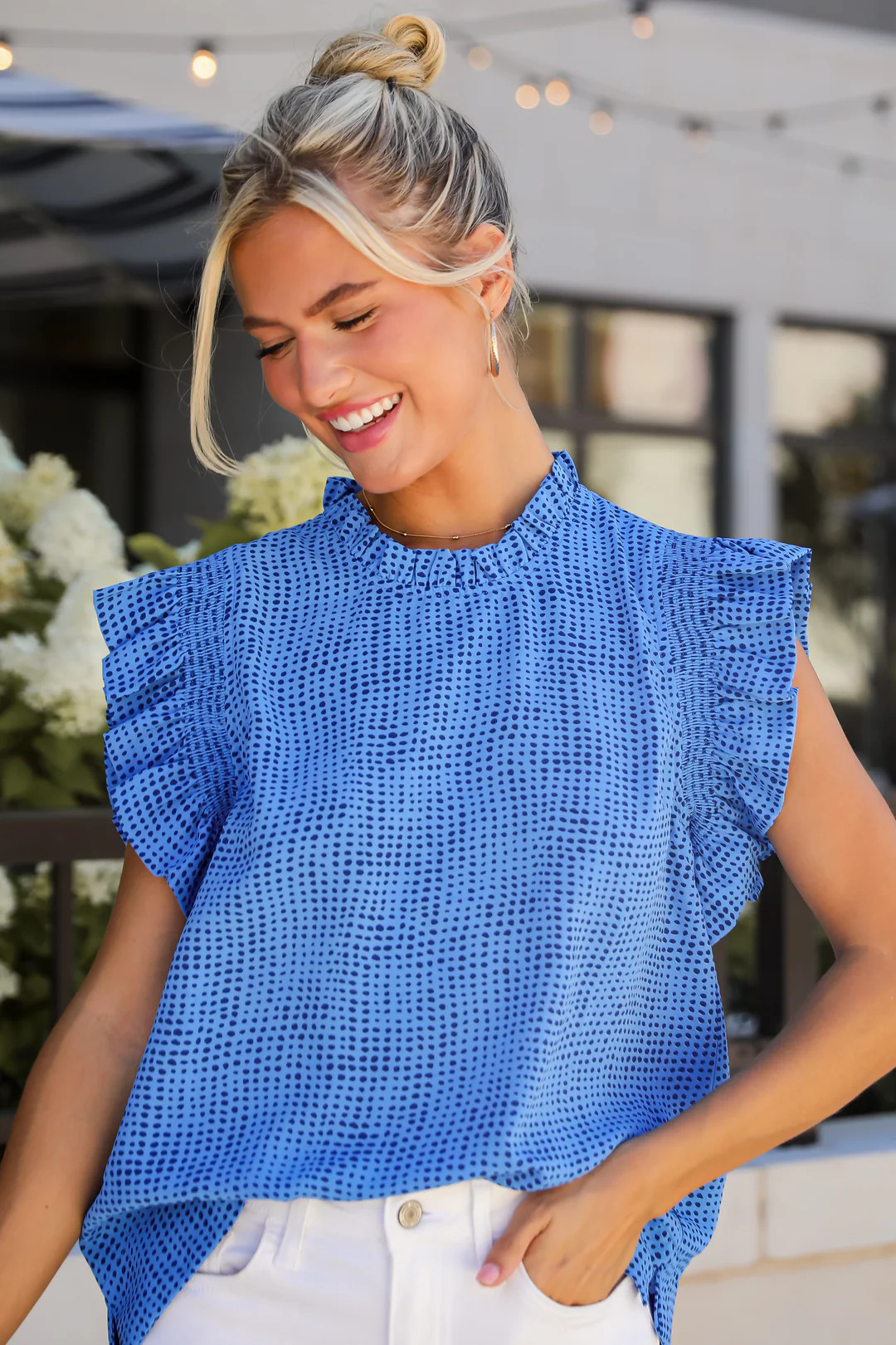 Ever Trendy Blue Dotted Ruffle Sleeve Blouse | Dress Up