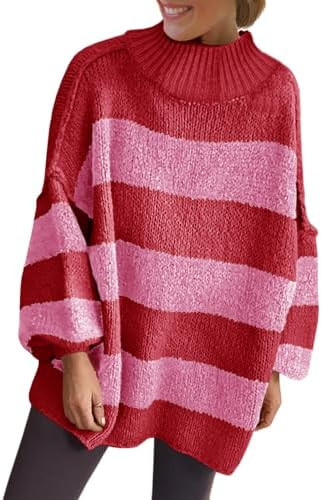 Saodimallsu Womens Oversized Striped Sweater Mock Neck Chunky Knit Lantern Long Sleeve Fall Trend... | Amazon (US)