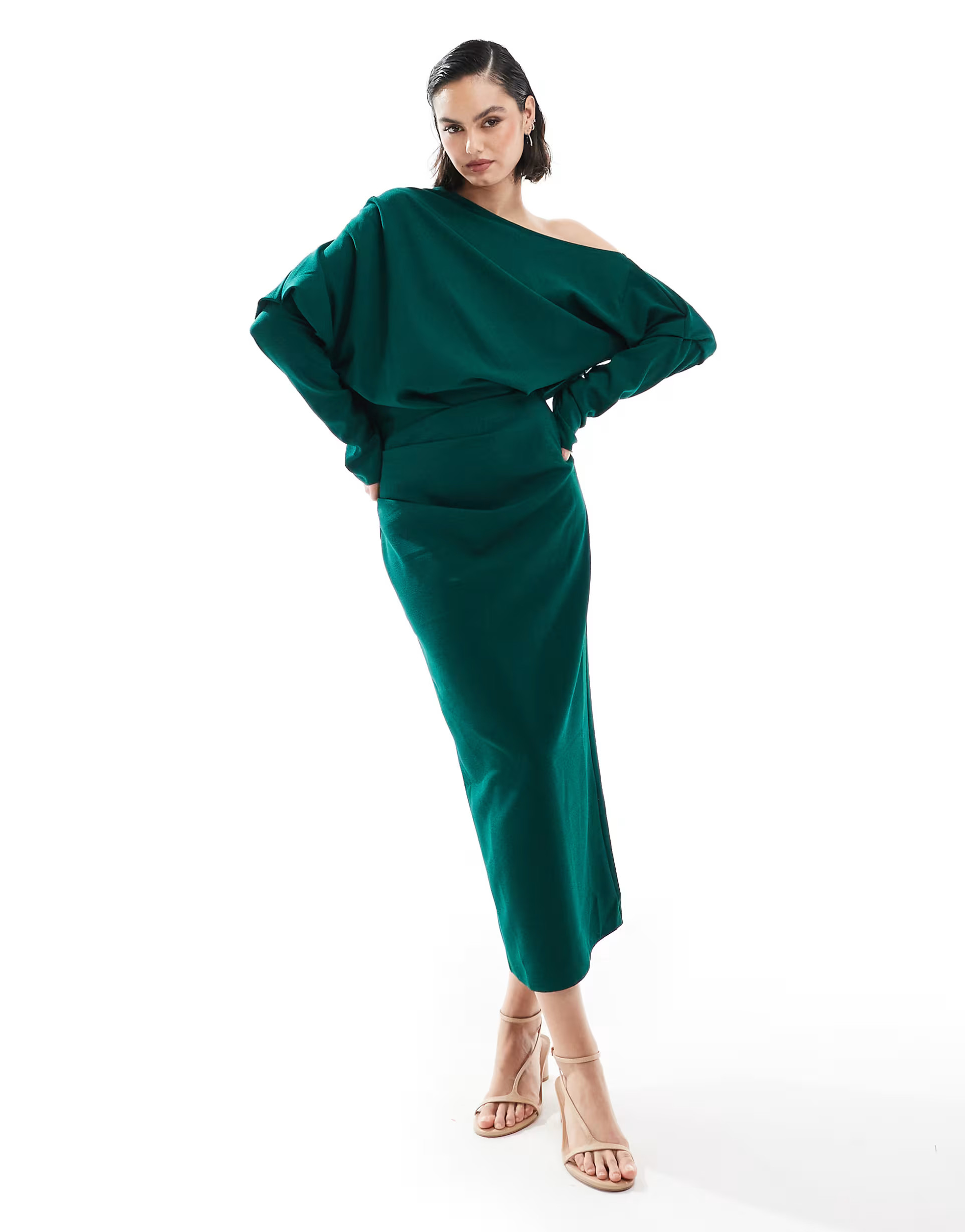 ASOS DESIGN slouchy fallen shoulder midi dress in forest green | ASOS (Global)