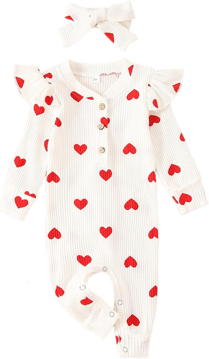 My First Valentines Baby Girl Romper Newborn Long Sleeve Heart Print Knitted Button Down Jumpsuit... | Amazon (US)