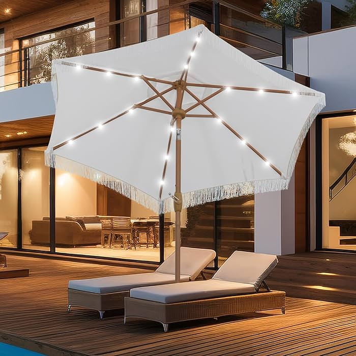 GDY 7.5 ft Fringe Patio Umbrella, Stylish Tassel Umbrella with 18 LED Solar Lights for Outdoor Sh... | Amazon (US)