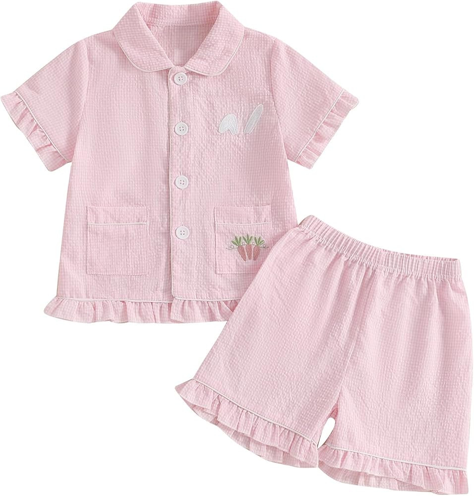 Toddler Baby Girl Easter Day Pajamas Set Plaid Bunny Carrot Button Up Shirts Pants Ruffled Shorts... | Amazon (US)