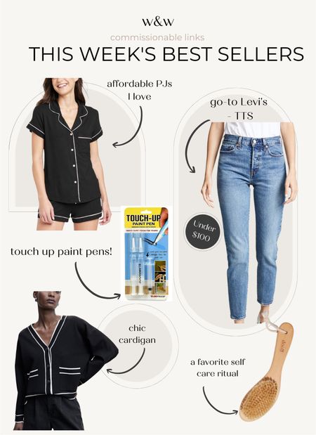 This week’s bestsellers 
Target pajamas (fit TTS)
Levi’s straight leg wedgie jeans (fit tts)
Mango cardigan 
Goop dry brush 