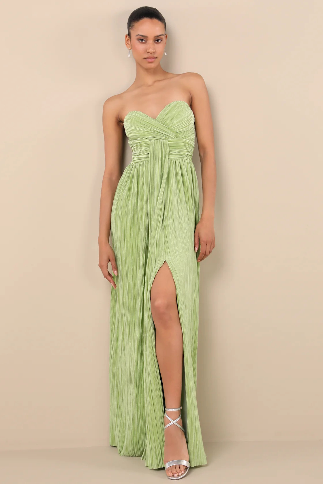 Oswin Lime Green Satin Plisse Strapless Maxi Dress | Lulus