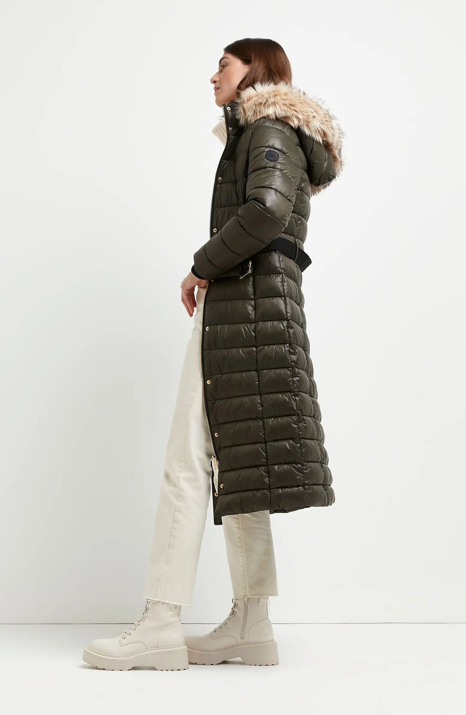 River Island Longline Belted Puffer Coat with Faux Fur Trim | Nordstrom | Nordstrom