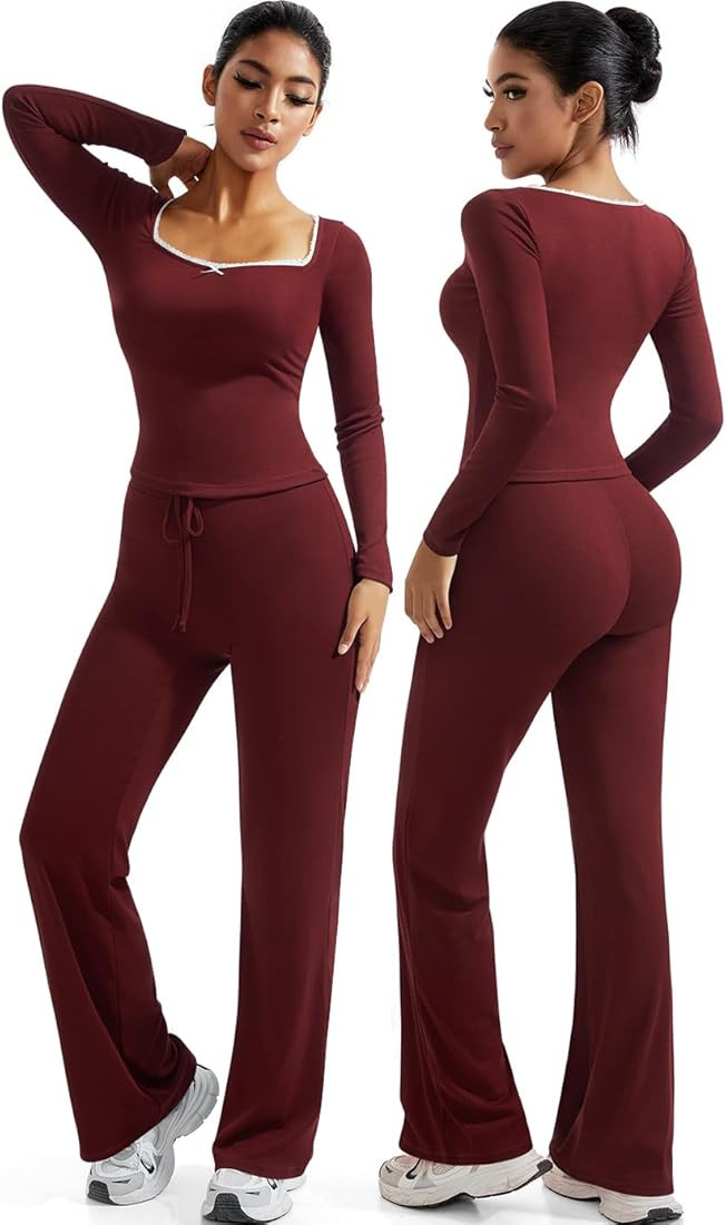 OMKAGI Womens Lounge Set Lace Square Neck Long Sleeve Tops Wide Leg Pants 2 Piece Outfits | Amazon (US)