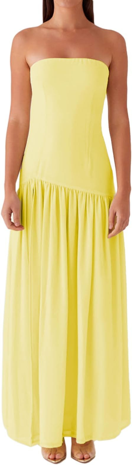 Women Tube Top Dress Tiger Stripe Mesh Patchwork Maxi Dress Strapless Sexy High Slit Long Dresses... | Amazon (US)