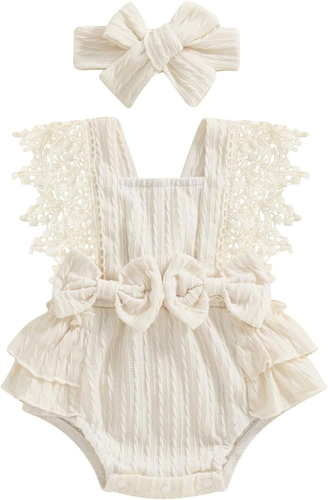 FOMOYUU Infant Baby Girl Lace Romper Boho Clothes Photography Outfits Sleeveless Bow Romper with ... | Amazon (US)