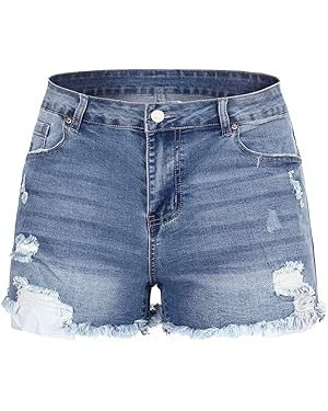 THUNDER STAR Women Mid Rise Ripped Stretchy Jeans Shorts Frayed Raw Hem Casual Denim Shorts | Amazon (US)