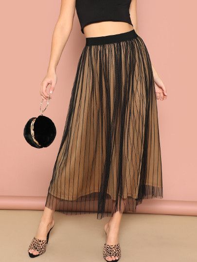 SHEIN Elastic Waist Striped Mesh Overlay Skirt | SHEIN