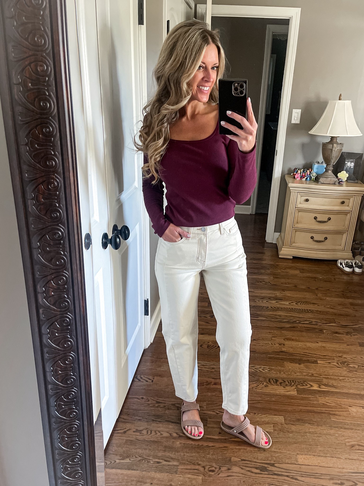Loving these creamy white barrel style denim! 
Runs TTS 
High waisted
Excellent quality! 

Sandals are great for everyday and going to the pool! They literally go with everything! 
Wearing my true size 7.5 

#LTKgrwm #LTKootd #LTKmomlife