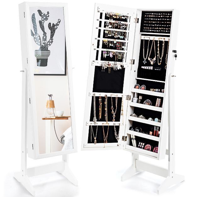 Costway Jewelry Cabinet Stand Mirror Armoire Lockable Organizer Large Storage Box White | Target