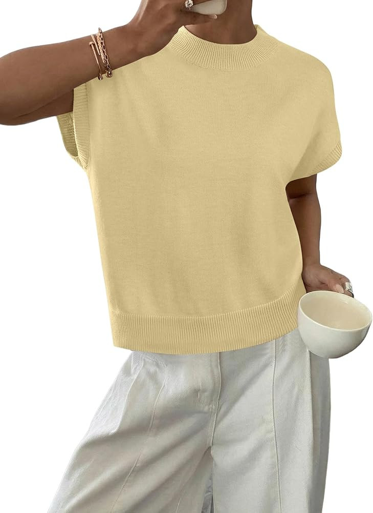 BLENCOT Womens Cap Sleeve Sweaters Summer Casual Short Sleeve Knit Tank Tops Loose Fit Crew Neck ... | Amazon (US)