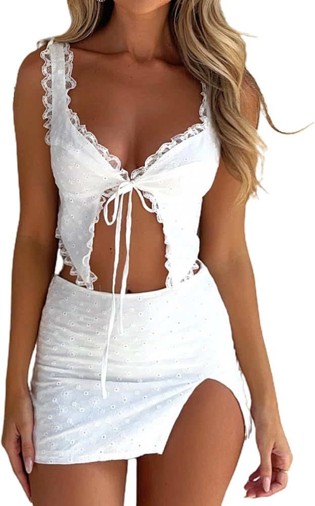 Women's Eyelet Embroidery Lace Trim Tie Front Crop Top and Mini Skirt Set Summer 2 Pieces Outfits | Amazon (US)