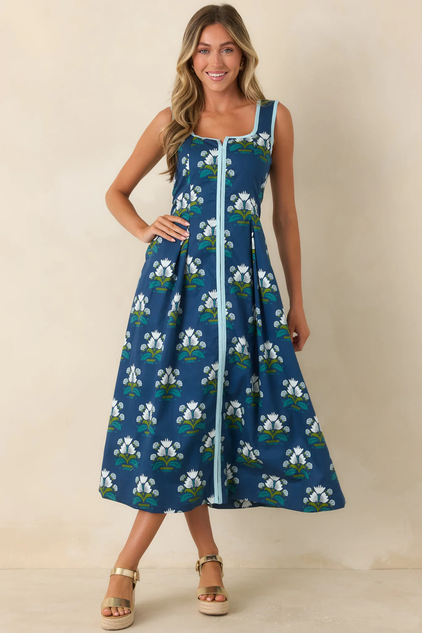 What I Had in Mind Deep Blue Floral Cotton Midi Dress | Red Dress