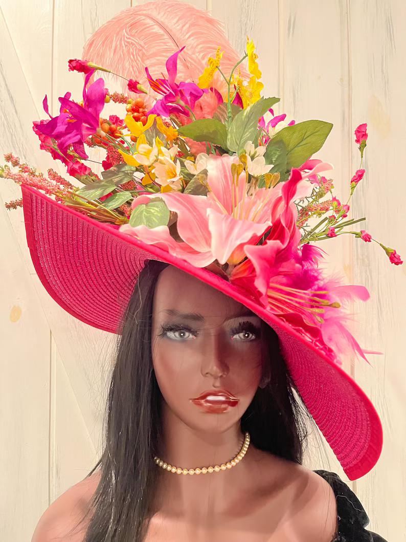 Fuchsia & Light Pink Ostrich Feather Boa Feathers Lily Flowers Wide Brim Derby Oaks Church Hat, F... | Etsy (US)
