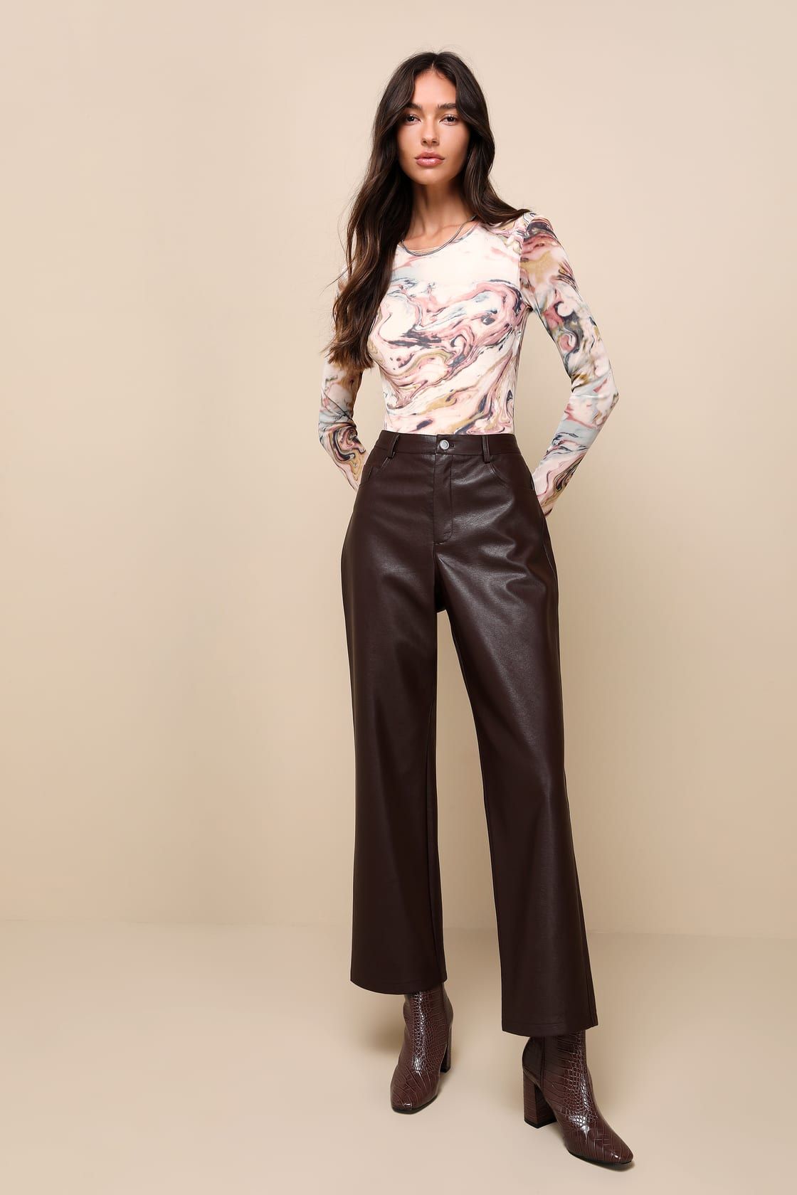 Sleek Vibe Dark Brown Vegan Leather High Rise Pants | Lulus (US)