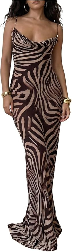 OYOANGLE Women's Zebra Print Spaghetti Strap Maxi Dresses Sleeveless Cowl Neck Formal Bodycon Dre... | Amazon (US)