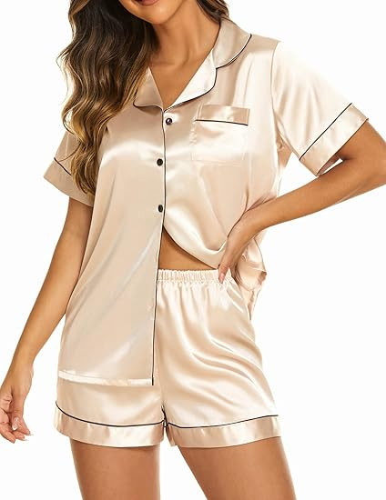 Ekouaer Silk Pajamas for Women Short Sleeve Sleepwear Soft Button Down Loungewear 2 Piece Satin P... | Amazon (US)
