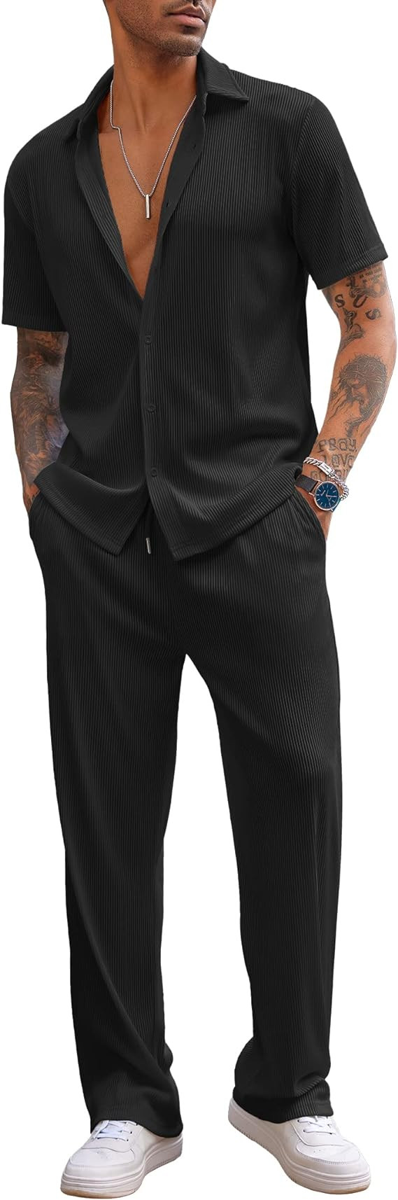 COOFANDY Men's 2 Piece Outfit Casual Short Sleeve Button Down Shirt Beach Summer Loose Pant Sets | Amazon (US)