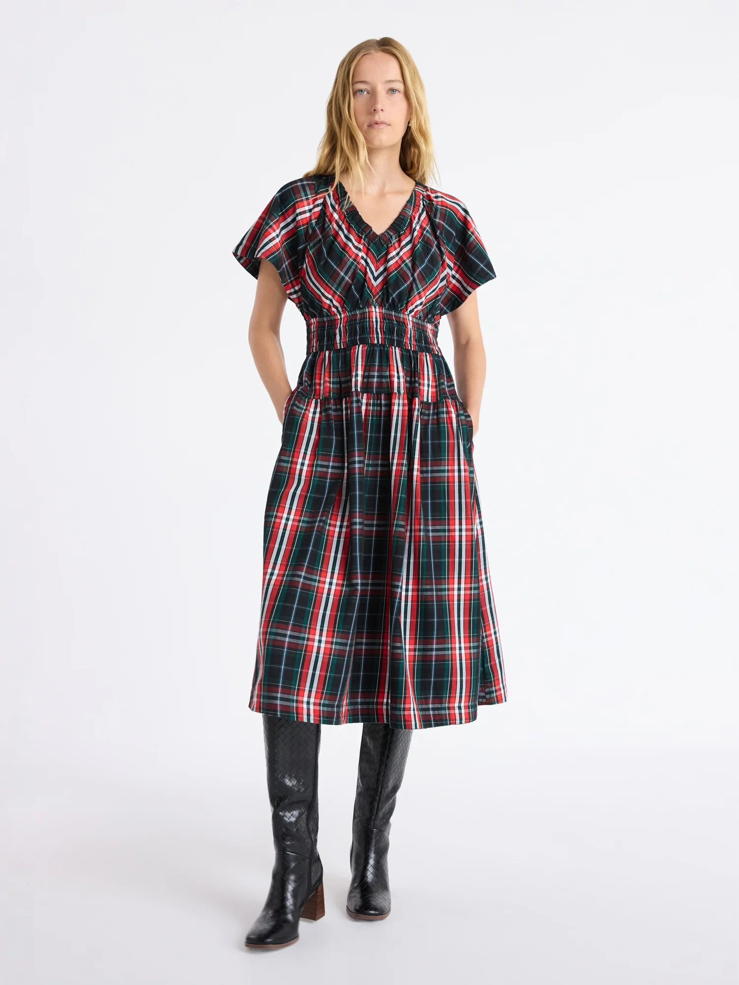 Free Assembly Women's and Women's Plus Cotton Smocked Waist Midi Dress with Flutter Sleeves, Size... | Walmart (US)