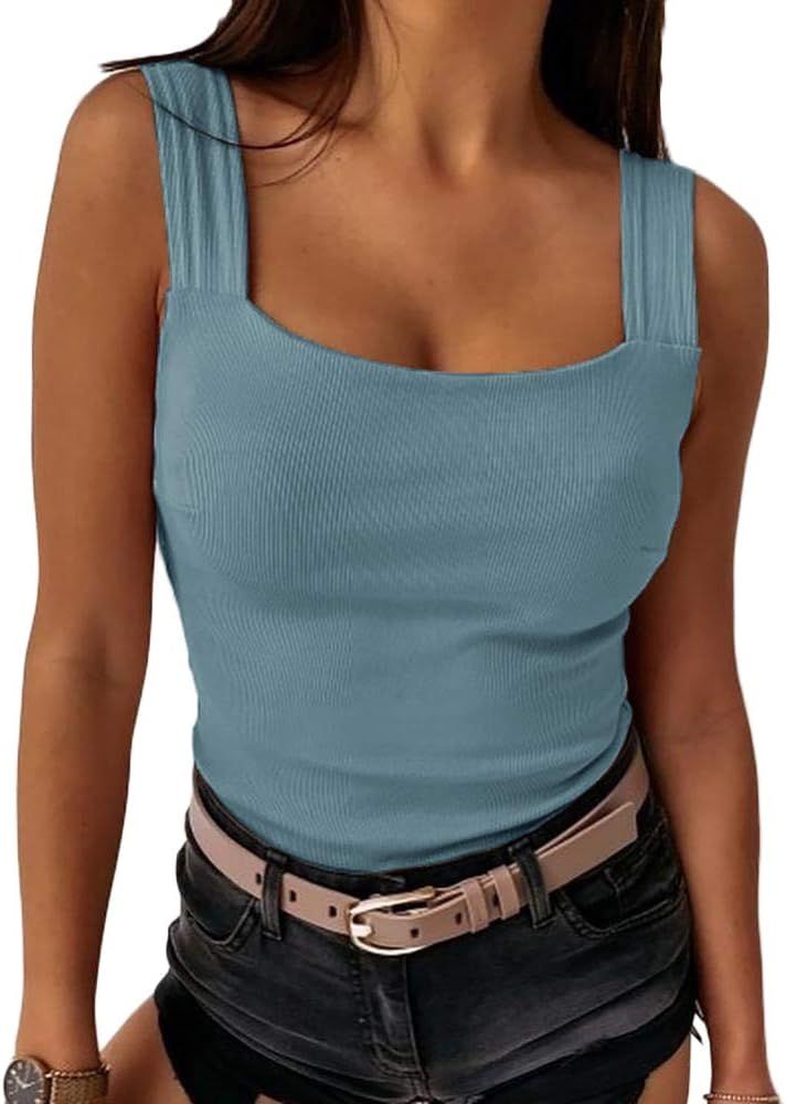 Womens Sexy Low Cut Square Neck Tank Top Casual Thick Strap Summer Solid Top | Amazon (US)