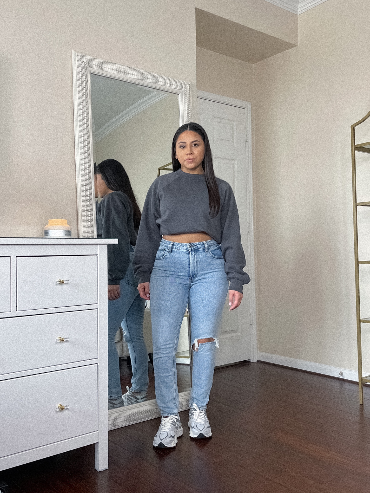 Abercrombie jeans 20% off w code JENREED 
Skinny curve love jeans: 26 short 
Sweatshirt: xs
White ankle socks 
New balance 9060 sneakers: 4.5 men 

#LTKsalealert #LTKstyletip #LTKfindsunder100