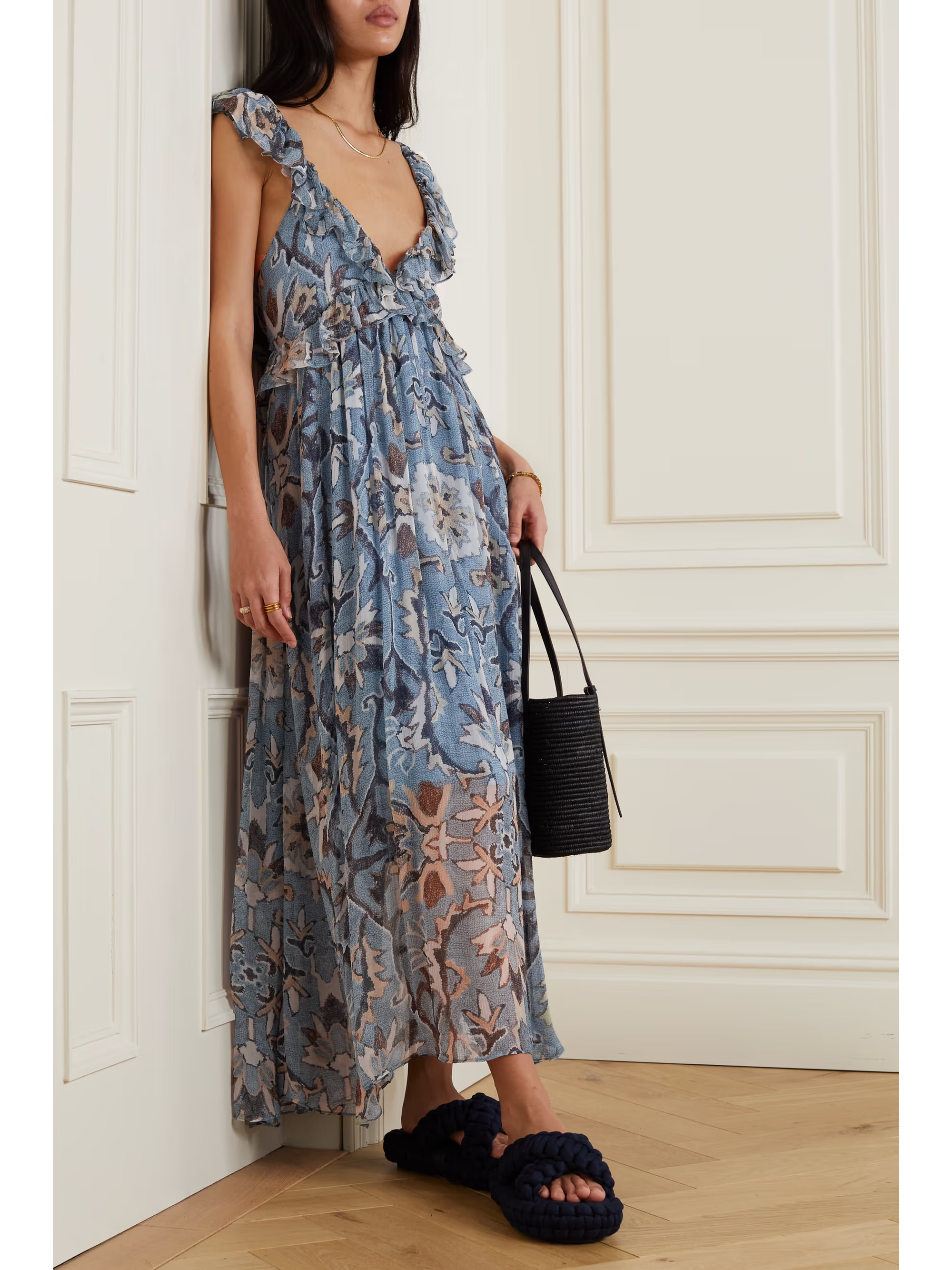 Blue Dara open-back ruffled floral-printed chiffon midi dress | HANNAH ARTWEAR | NET-A-PORTER | NET-A-PORTER (US)