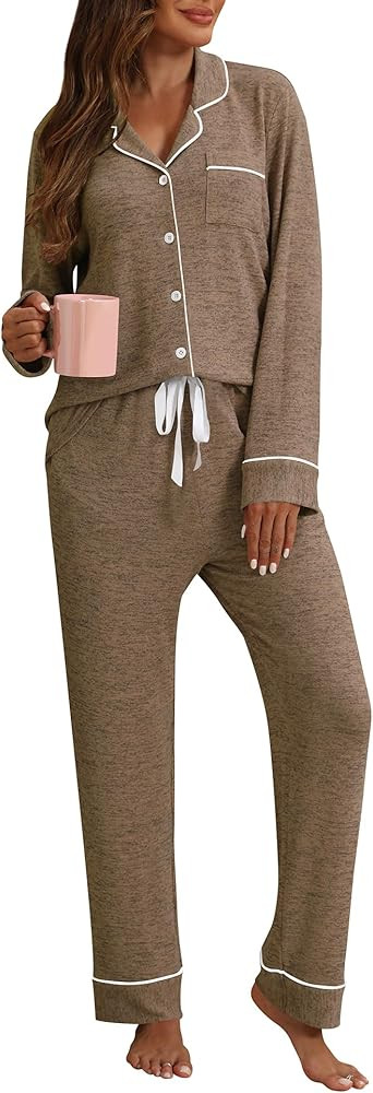 Pajamas For Women Set Pj Pants Set With Pockets Button Up Lounge Set 2 Piece Pjs Long Sleeve Slee... | Amazon (US)