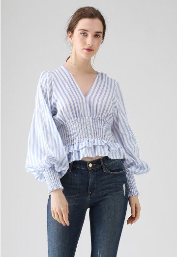 Vintage Spirits Shirred Stripes Top in Blue | Chicwish