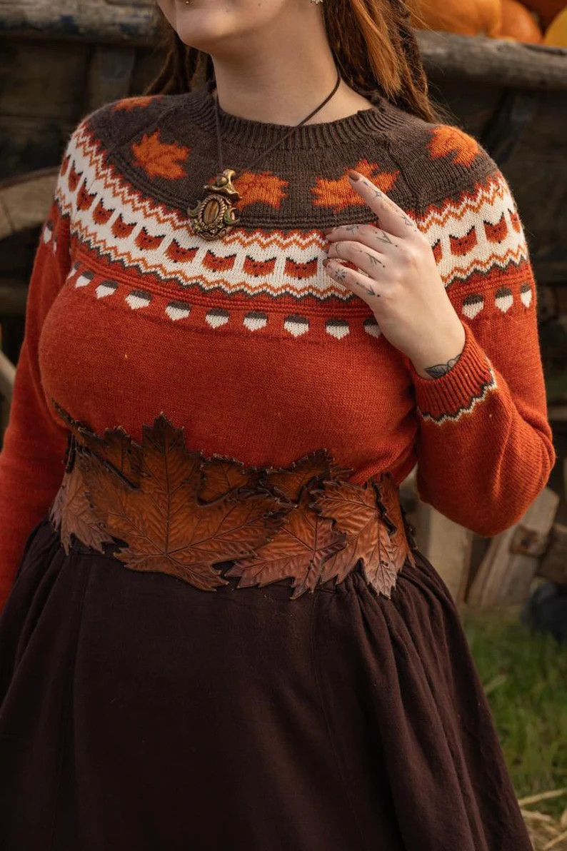 Fox, Maple Leaves and Acorns Handmade Sweater Jumper. Acrylic Vegan Wool, Fall Halloween Foxes Au... | Etsy (US)